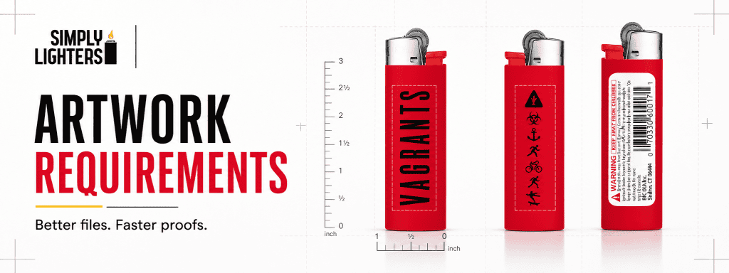 Red lighter with black text and symbols, artwork requirements for design.
